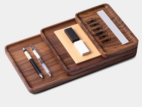 Walnut wood catchall tray set, 3 pieces