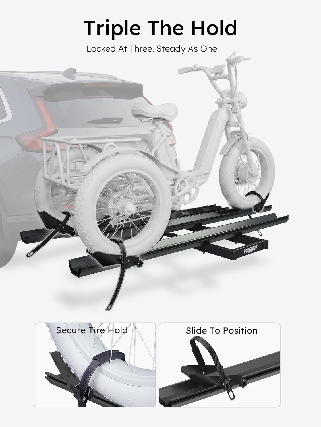 Young Electric Hitch Mount Trike Rack – 200 lb Capacity with 3 Ramps & 2″ Receiver – 10104209
