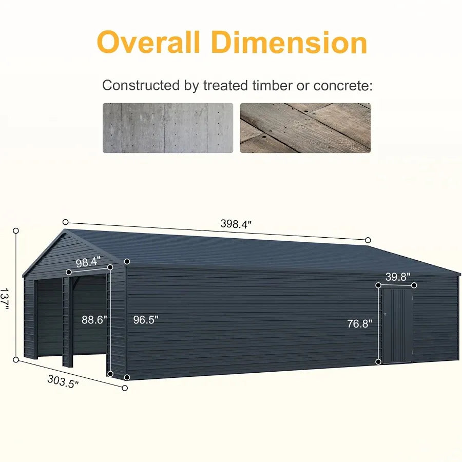 25 x 33ft Heavy Duty Metal Garage Shed Large Galvanized Steel Storage Building with Side Entry Door