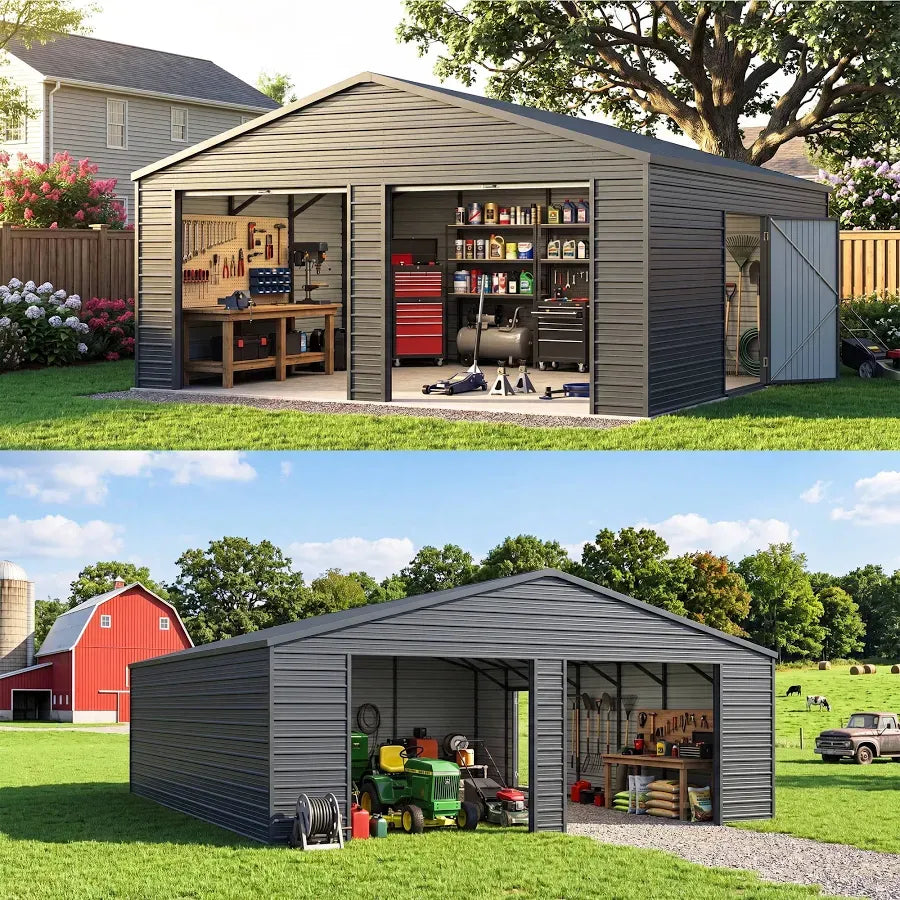 25 x 33ft Heavy Duty Metal Garage Shed Large Galvanized Steel Storage Building with Side Entry Door